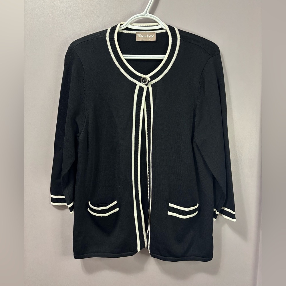 TanJay Black White Trim Cardigan Sweater Women’s Large Petite